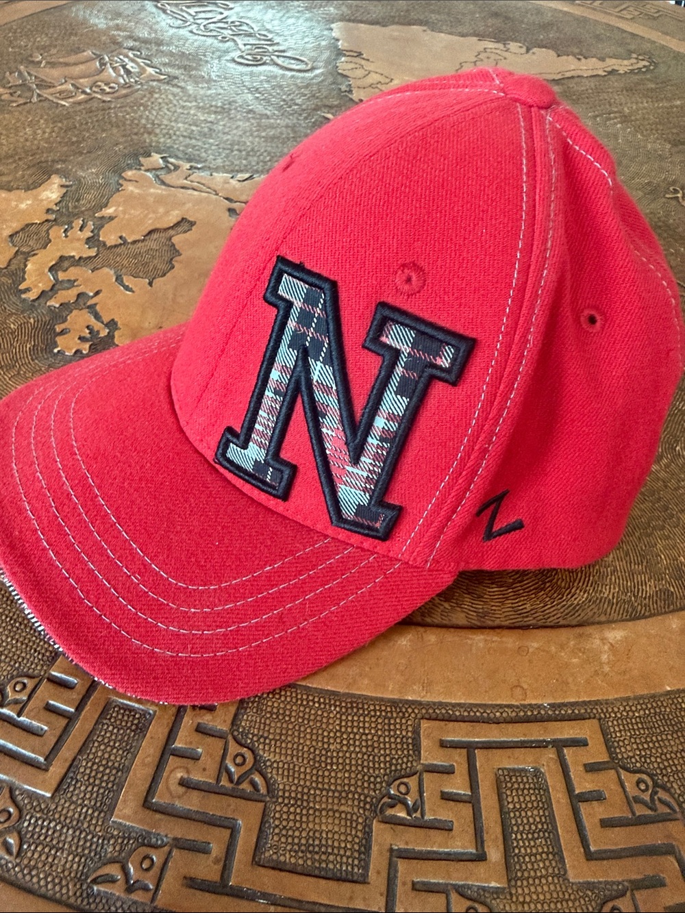 Nebraska Cornhuskers Zephyr Red Baseball Cap with Plaid N Patch Logo. Size XL